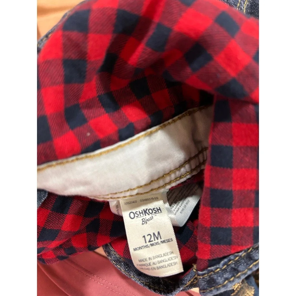 OshKosh Bgosh Kids 12M Blue Denim Flannel Lined Overalls Buffalo Plaid Vestbak
